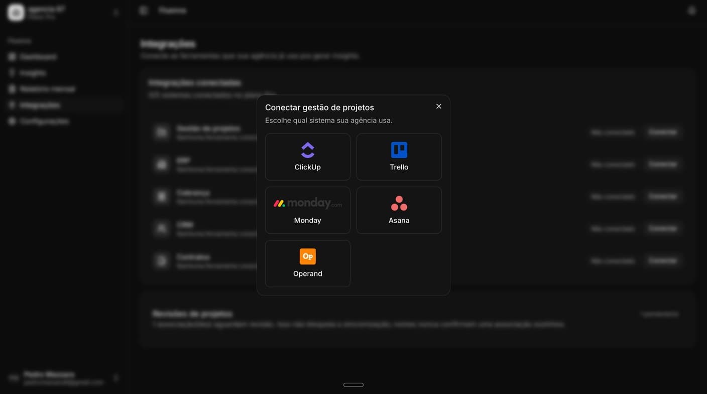 Modal de conectar gestão de projetos, com ClickUp, Trello, Monday, Asana e Operand pra escolher